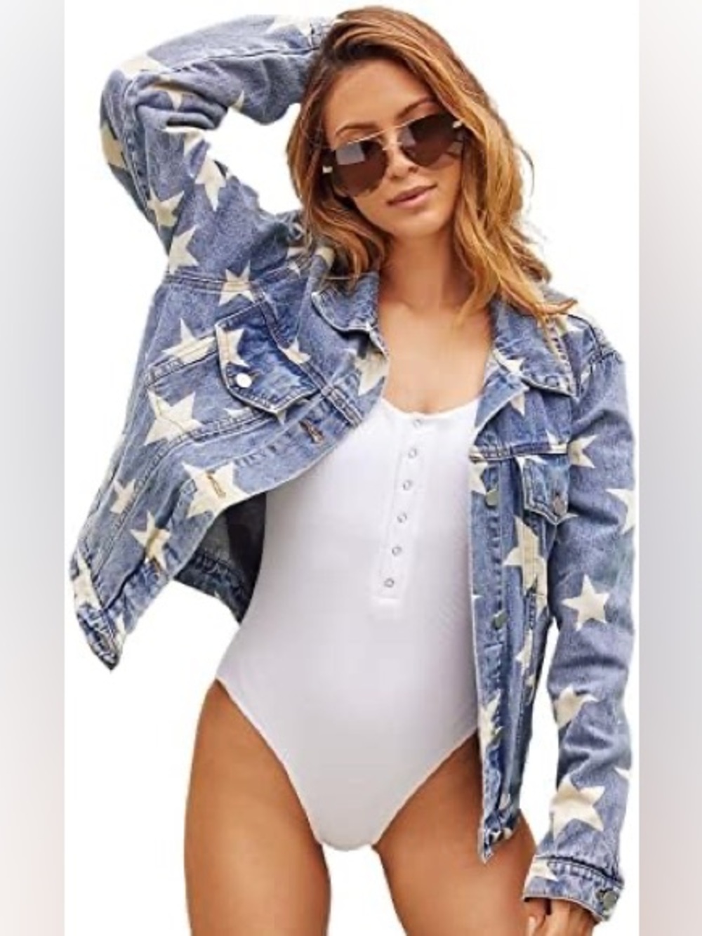 NWT Justalwart’s Blue Washed With White Stars Oversized Denim Jacket